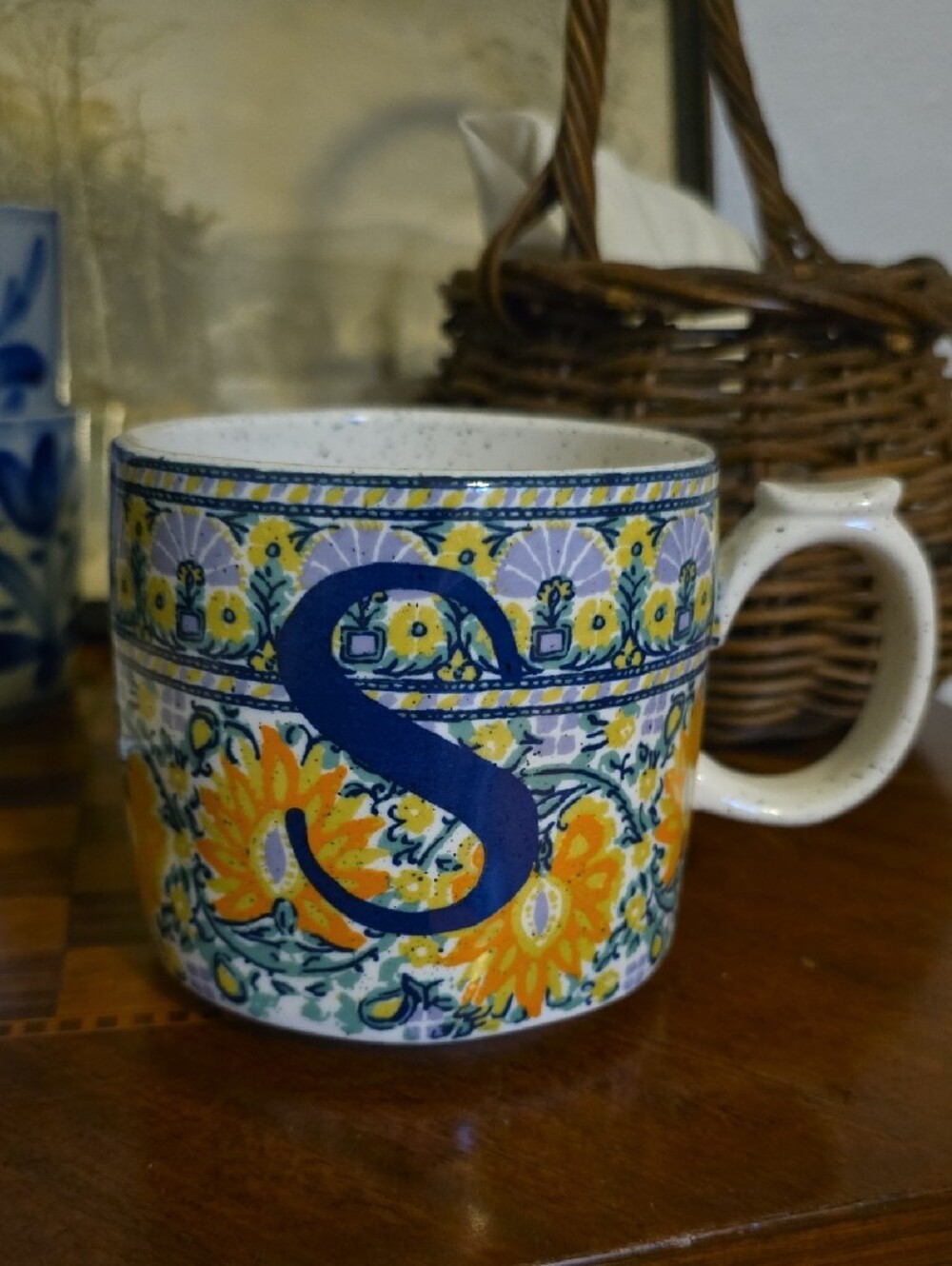 Anthropologie Monogramed 'S' Ceramic Mug in Handpainted Blue Orange Botanicals